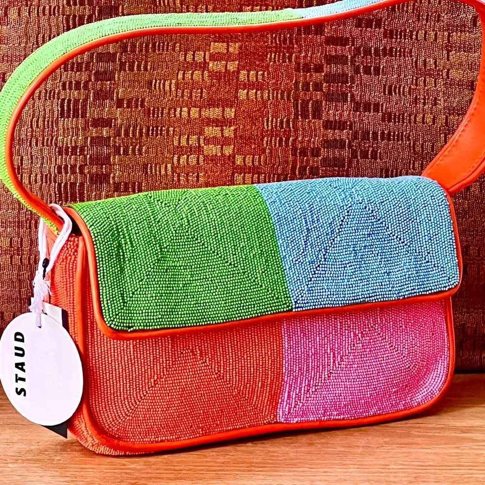 🌺🎉HP🎉🌺 NWT Staud Beaded Tommy Shoulder Bag Multi Colorblock 🌟RARE FIND🌟 - Picture 2 of 16